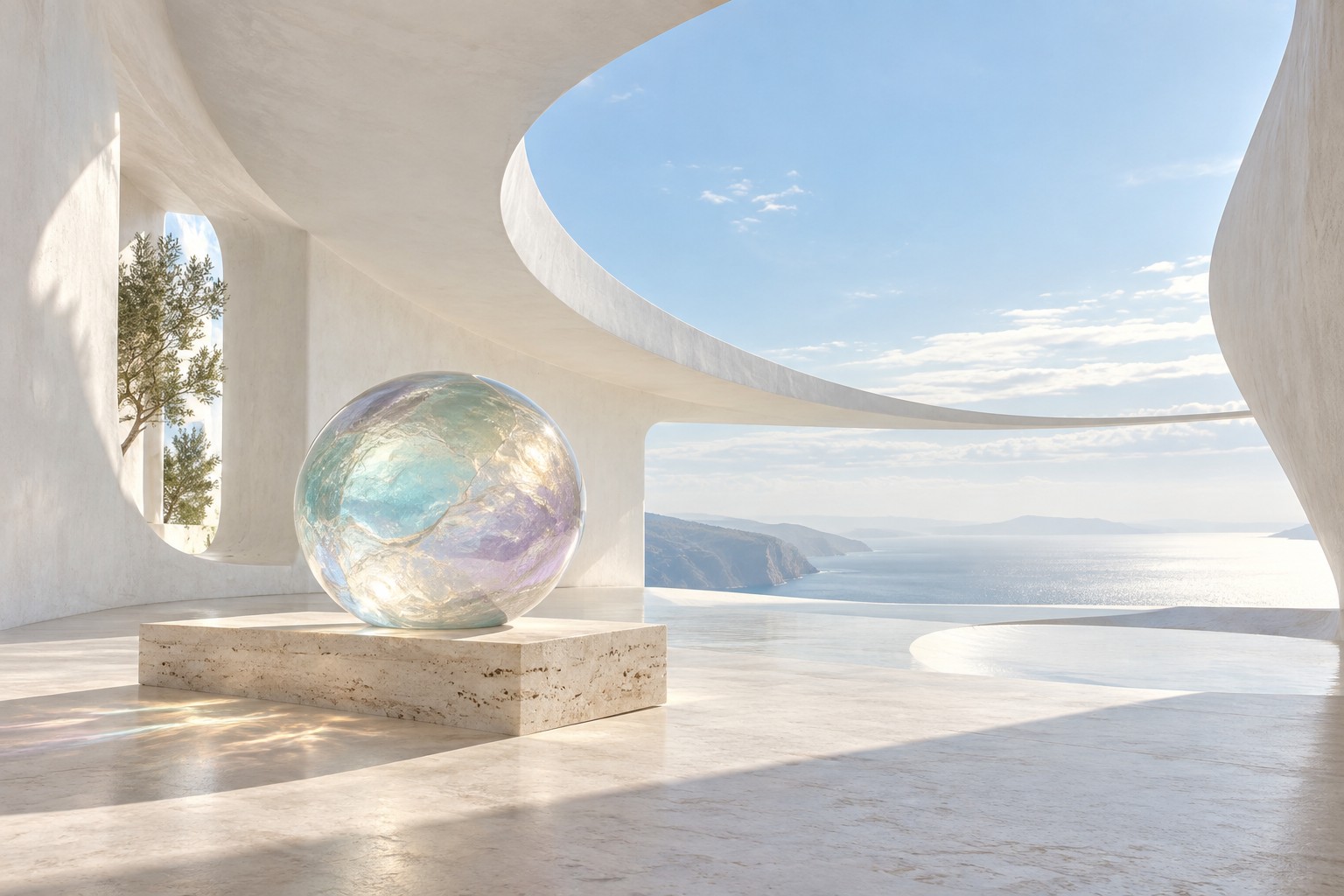 Sunlight fills a sculptural white gallery with pale blue sky and a translucent sea glass sphere.